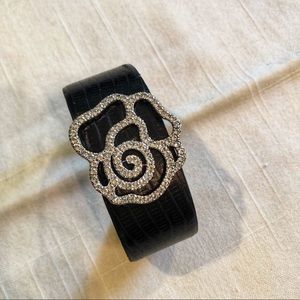 Black Faux Leather Cuff with Rhinestone Rose